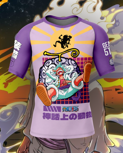 Gear 5 Sun God Nika One Piece Short Sleeve Rash Guard Compression Shirt